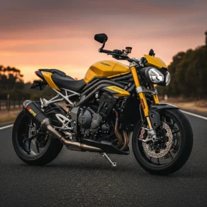 The new Triumph Speed Triple RX on an open country road in Australia during sunset.
