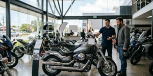 Three sport motorcycles are displayed on a winner's podium. A blue motorcycle is in the center on the highest platform, flanked by a black motorcycle on the left and a red motorcycle on the right. A black and white checkered flag hangs in the background, suggesting a racing event setting.